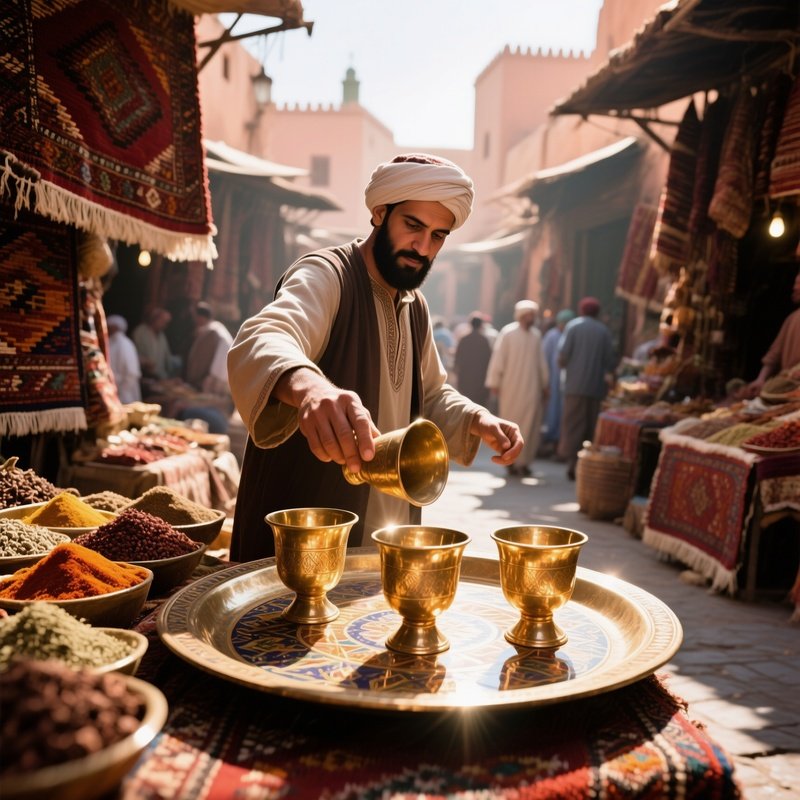 A Bustling Midday Bazaar In Marrakech, Woven Rugs And Spice Stalls Forming The Backdrop As A