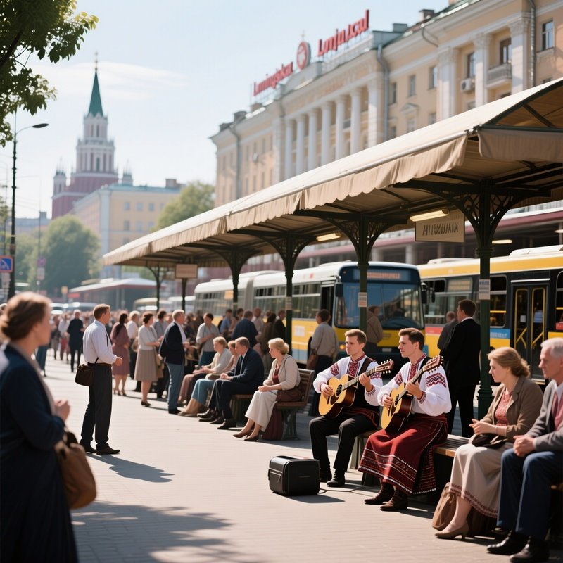 A Bustling Midday Scene At A Bus Depot Near The Leningradskaya Hotel, Passengers Waiting Under A