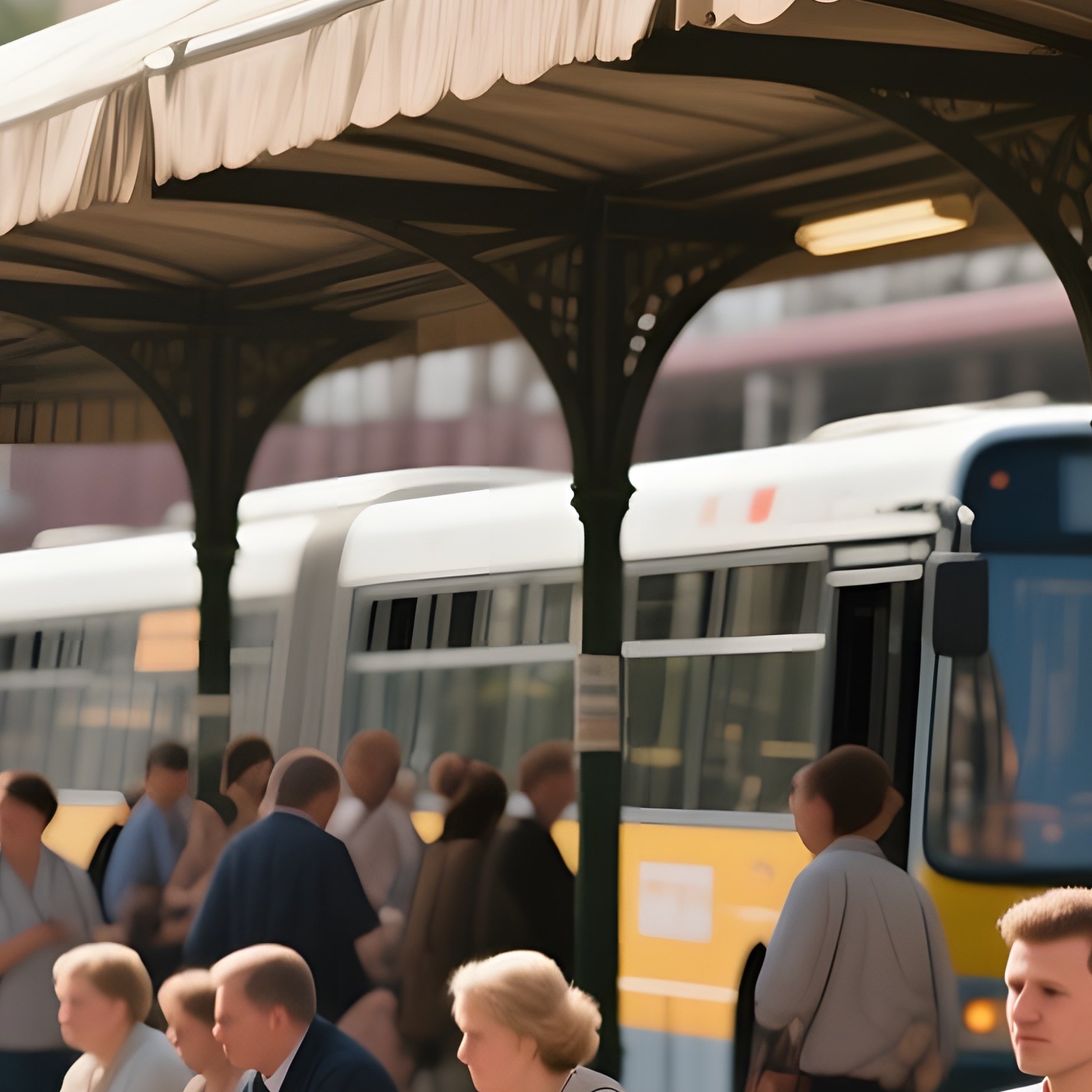 A Bustling Midday Scene At A Bus Depot Near The Leningradskaya Hotel, Passengers Waiting Under A - Full Resolution Quality Preview