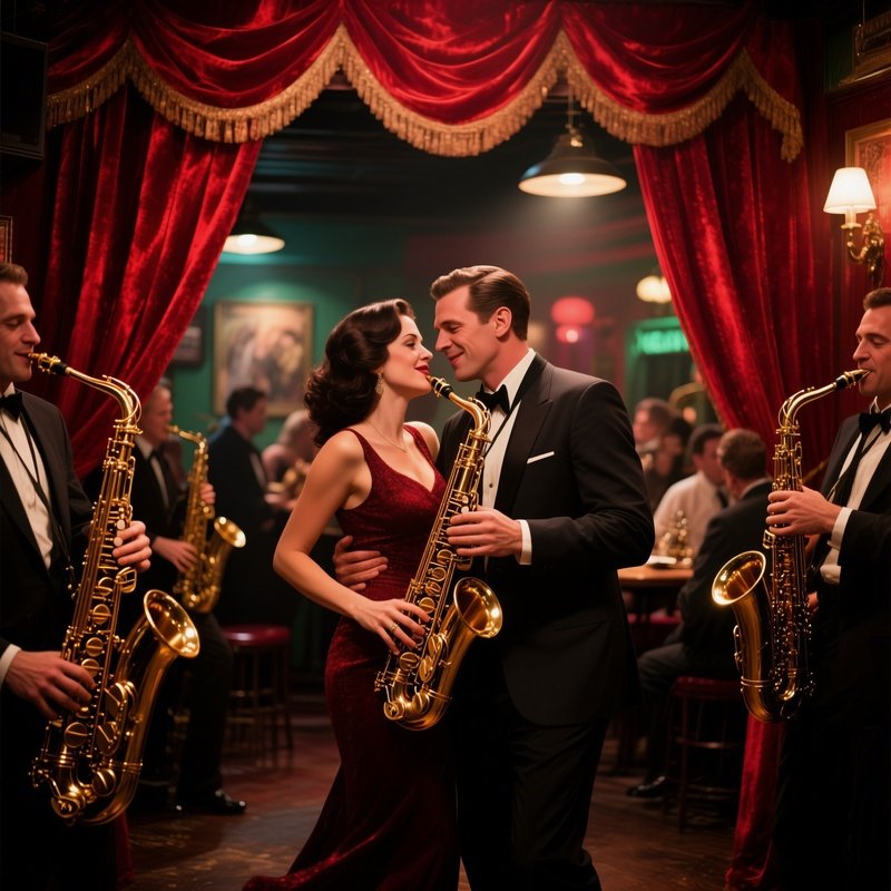 A Bustling New Orleans Jazz Club, Brass Instruments Gleaming, A Couple Sways Close Under Red Velvet