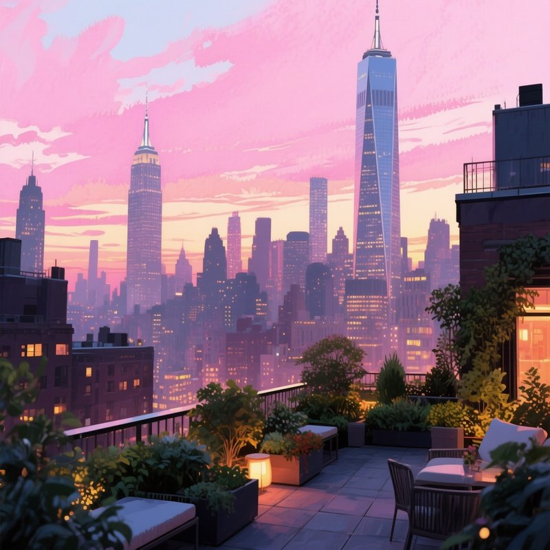 A Bustling New York Rooftop Garden At Sunset, Skyscrapers Silhouetted Against Pink Sky, Watercolor