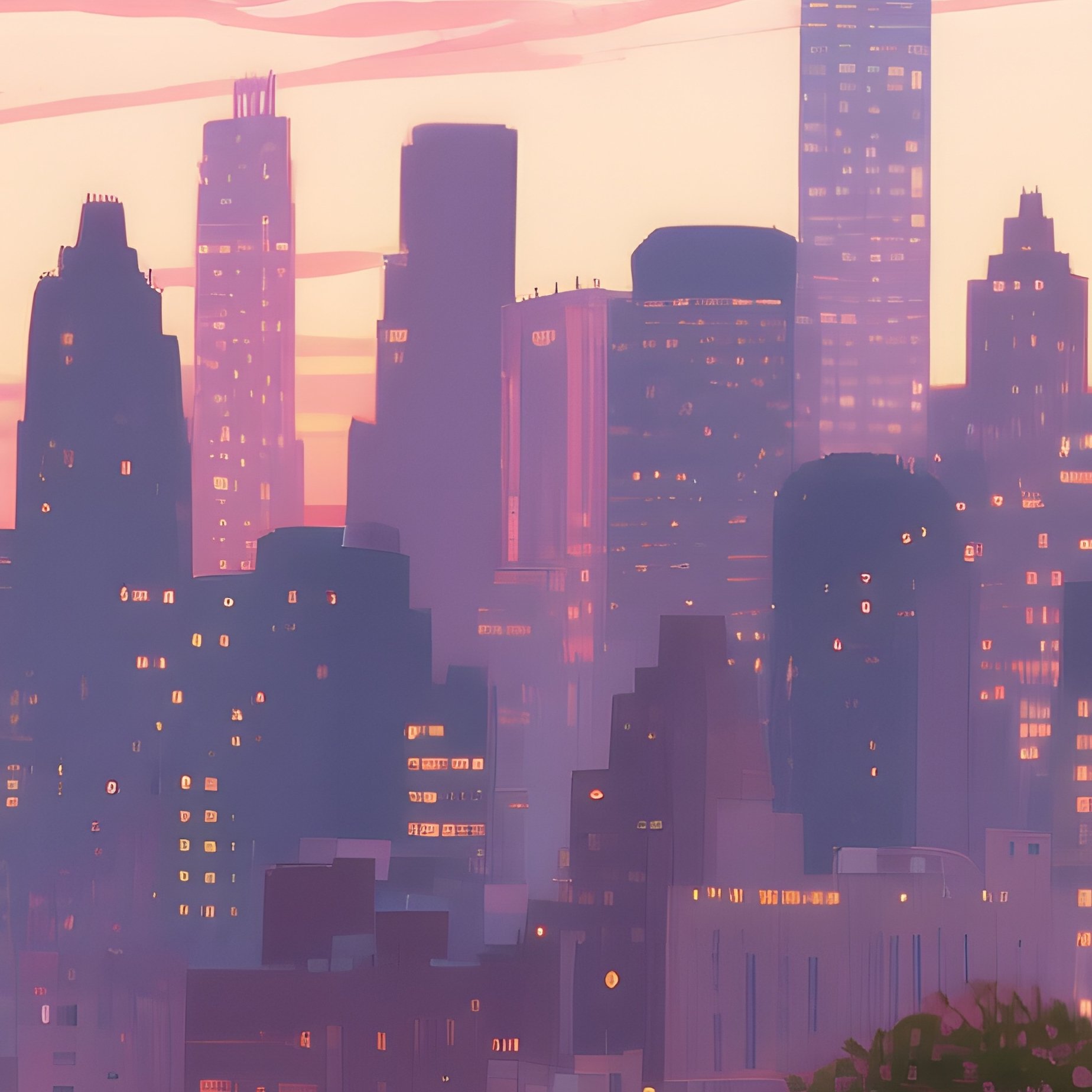 A Bustling New York Rooftop Garden At Sunset, Skyscrapers Silhouetted Against Pink Sky, Watercolor - Full Resolution Quality Preview