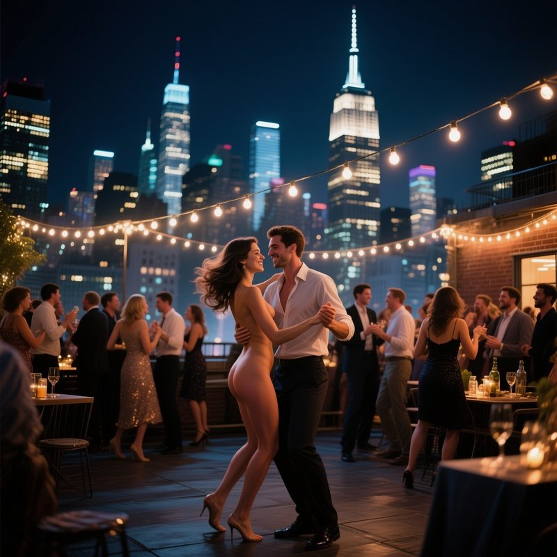 A Bustling New York Rooftop Party At Night, A Nude Couple Dancing Under String Lights, City Skyline