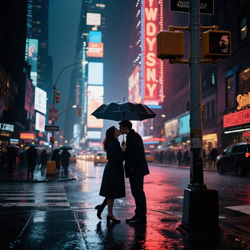 A Bustling New York Street Corner At Night, Rain Glistening On Pavement, A Couple Shares An
