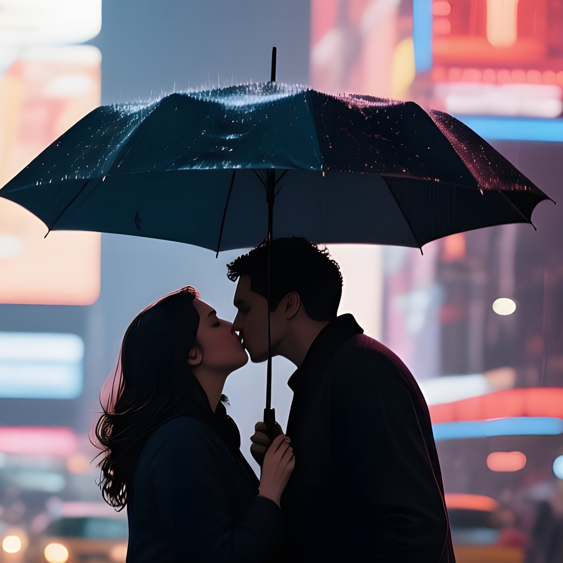 A Bustling New York Street Corner At Night, Rain Glistening On Pavement, A Couple Shares An - Full Resolution Quality Preview