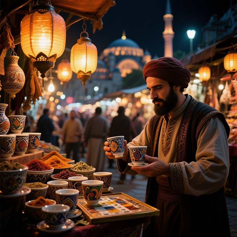 A Bustling Night Bazaar In Istanbul, Lanterns Casting Warm Glows As A Merchant Showcases The Cup