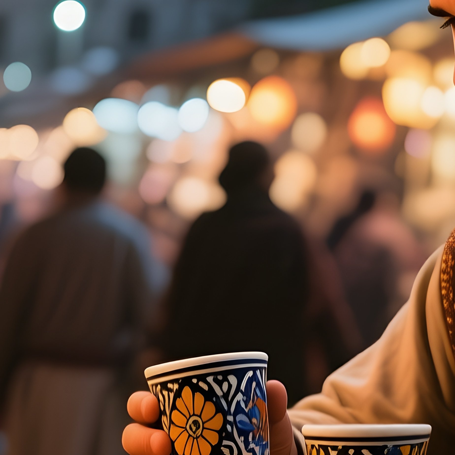 A Bustling Night Bazaar In Istanbul, Lanterns Casting Warm Glows As A Merchant Showcases The Cup - Full Resolution Quality Preview