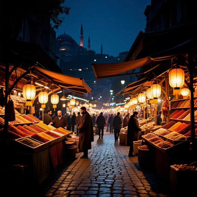 A Bustling Night Bazaar In Istanbul'S Asian Side, Spice Stalls Glowing, Lanterns Casting Amber