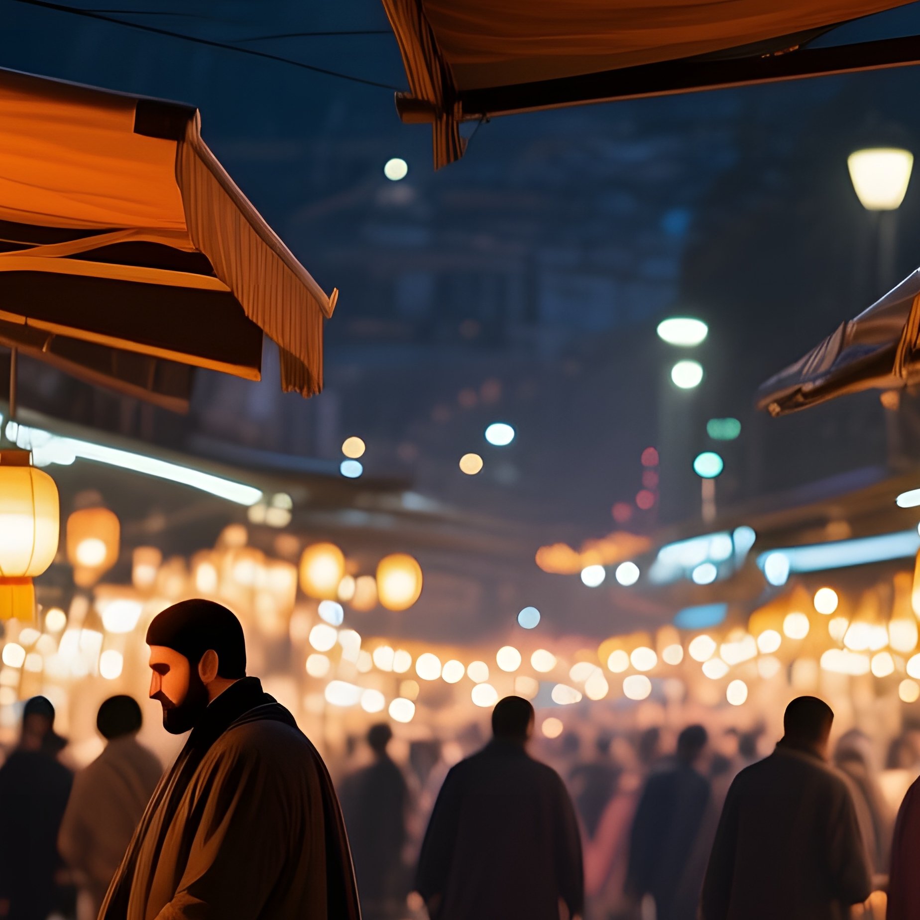 A Bustling Night Bazaar In Istanbul'S Asian Side, Spice Stalls Glowing, Lanterns Casting Amber - Full Resolution Quality Preview