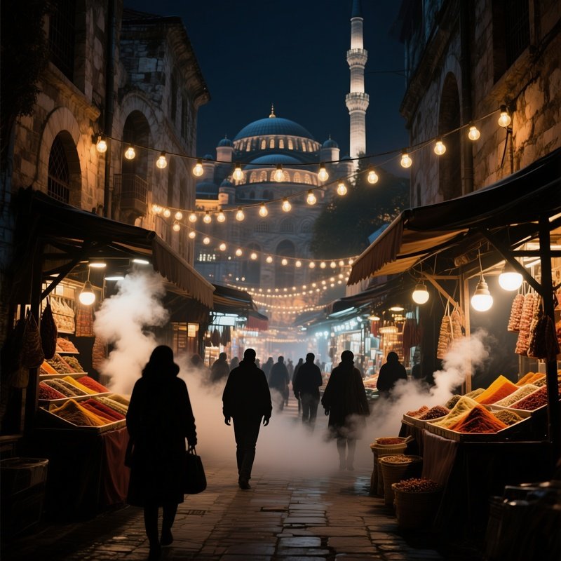 A Bustling Night Bazaar In Istanbul Under Strings Of Glowing Bulbs, Spice Stalls Emitting Fragrant