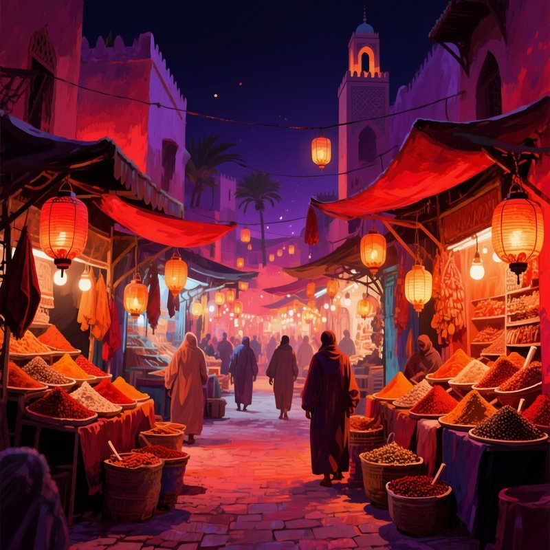 A Bustling Night Bazaar In Marrakech With Spice Stalls, Lantern Light Flickering, Watercolor Rich