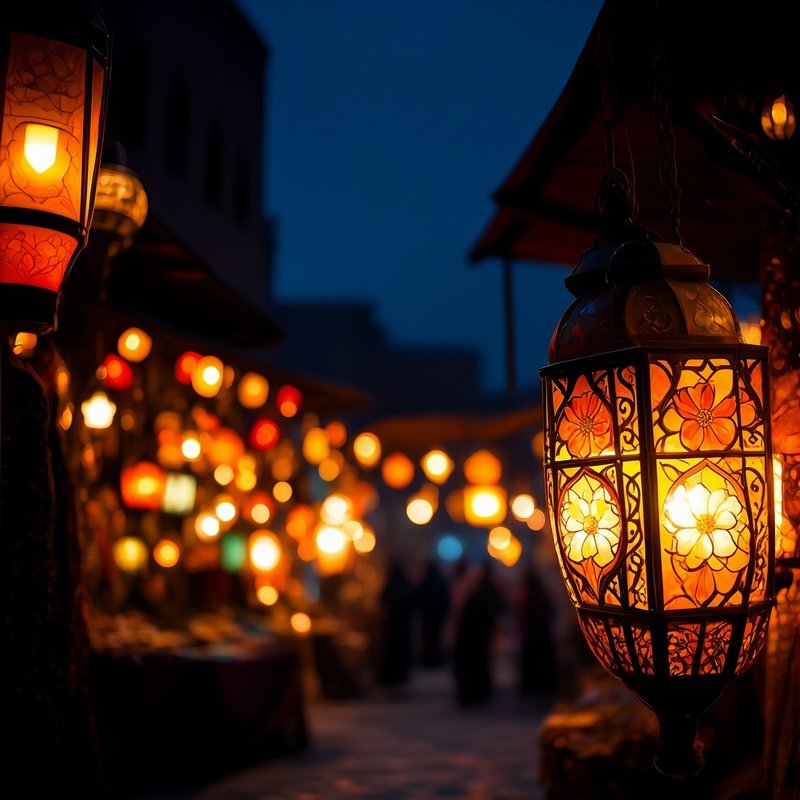 A Bustling Night Bazaar In Morocco, Lanterns Made From Colored Glass Etched With Intricate