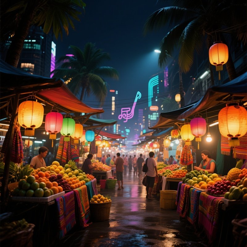 A Bustling Night Market In A Tropical City, Stalls Lit By Colorful Lanterns Casting Warm Glows On