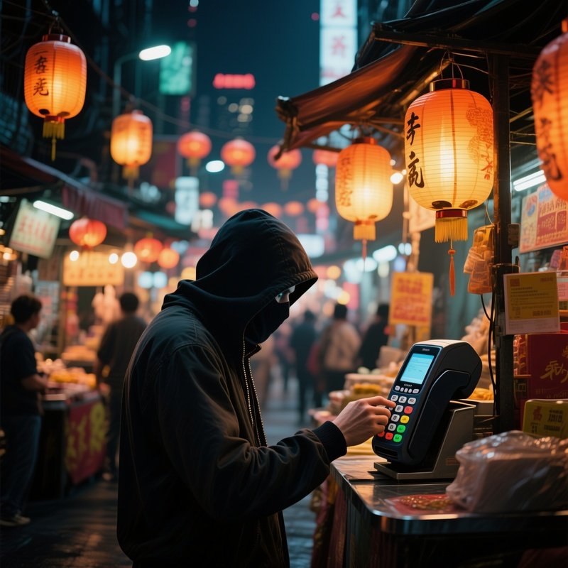 A Bustling Night Market In An Asian Megacity, Lanterns Casting Warm Glows, A Discreet Hacker