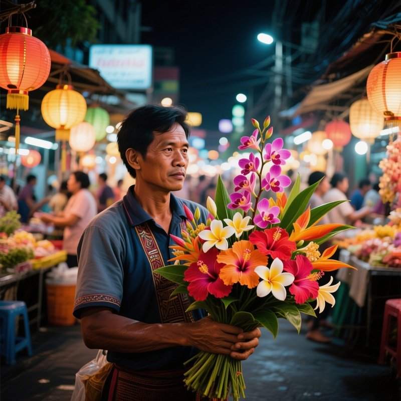 A Bustling Night Market In Bangkok With Lanterns, Where A Street Vendor Displays A Vibrant Bouquet