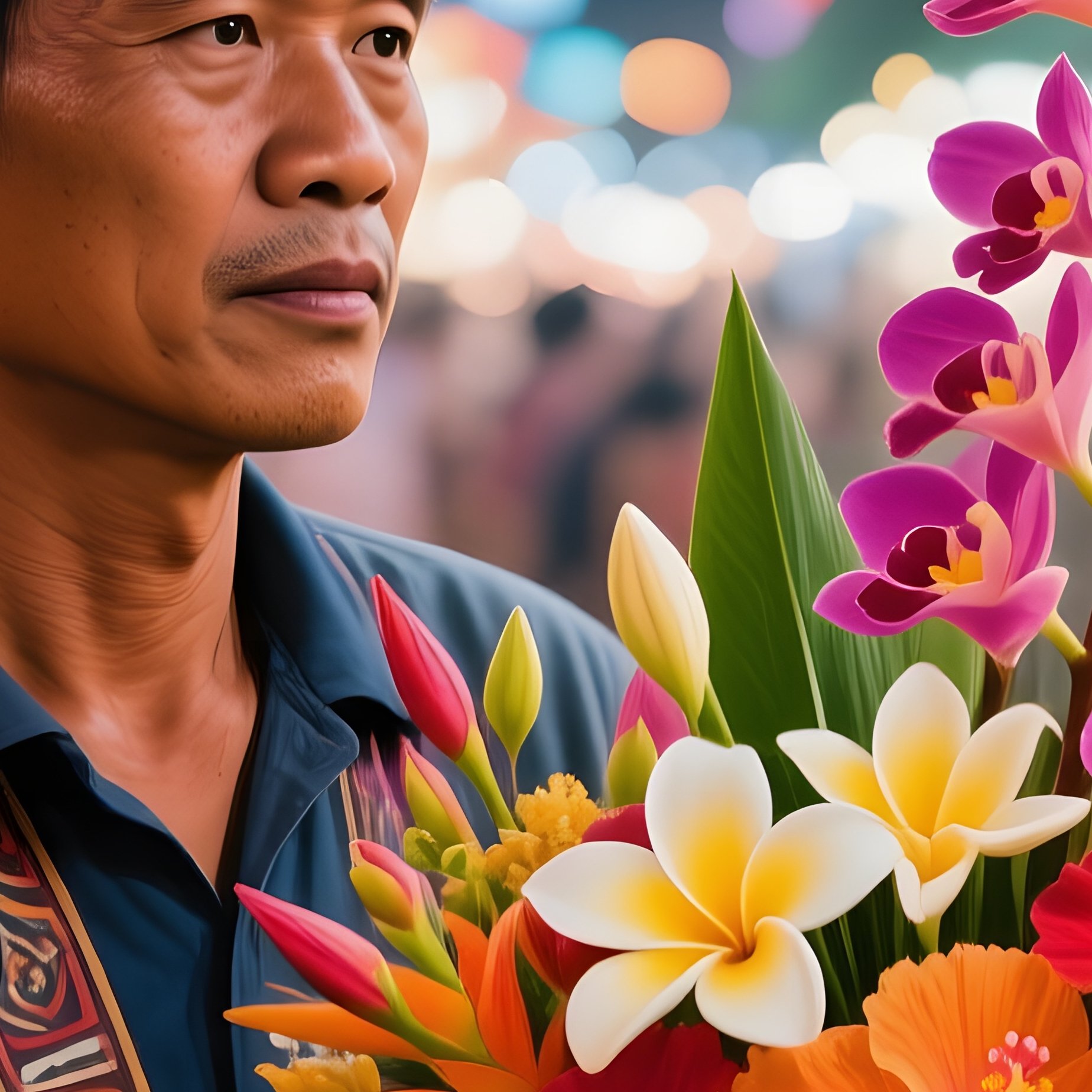 A Bustling Night Market In Bangkok With Lanterns, Where A Street Vendor Displays A Vibrant Bouquet - Full Resolution Quality Preview