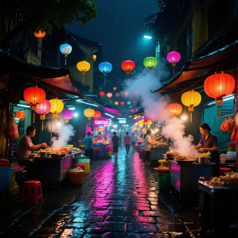 A Bustling Night Market In Hanoi Illuminated By Colorful Paper Lanterns, Steam Rising From Street