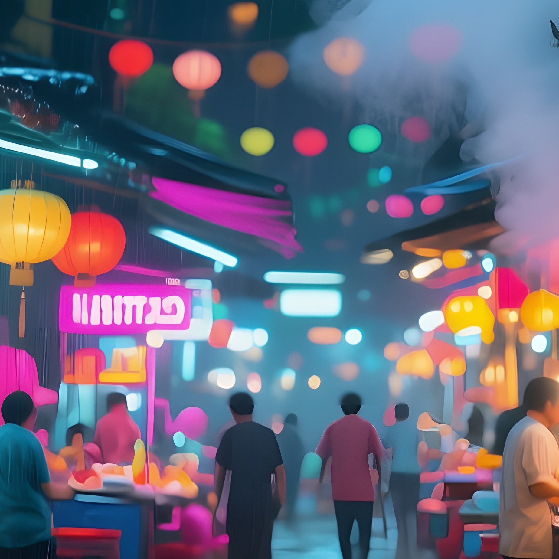 A Bustling Night Market In Hanoi Illuminated By Colorful Paper Lanterns, Steam Rising From Street - Full Resolution Quality Preview