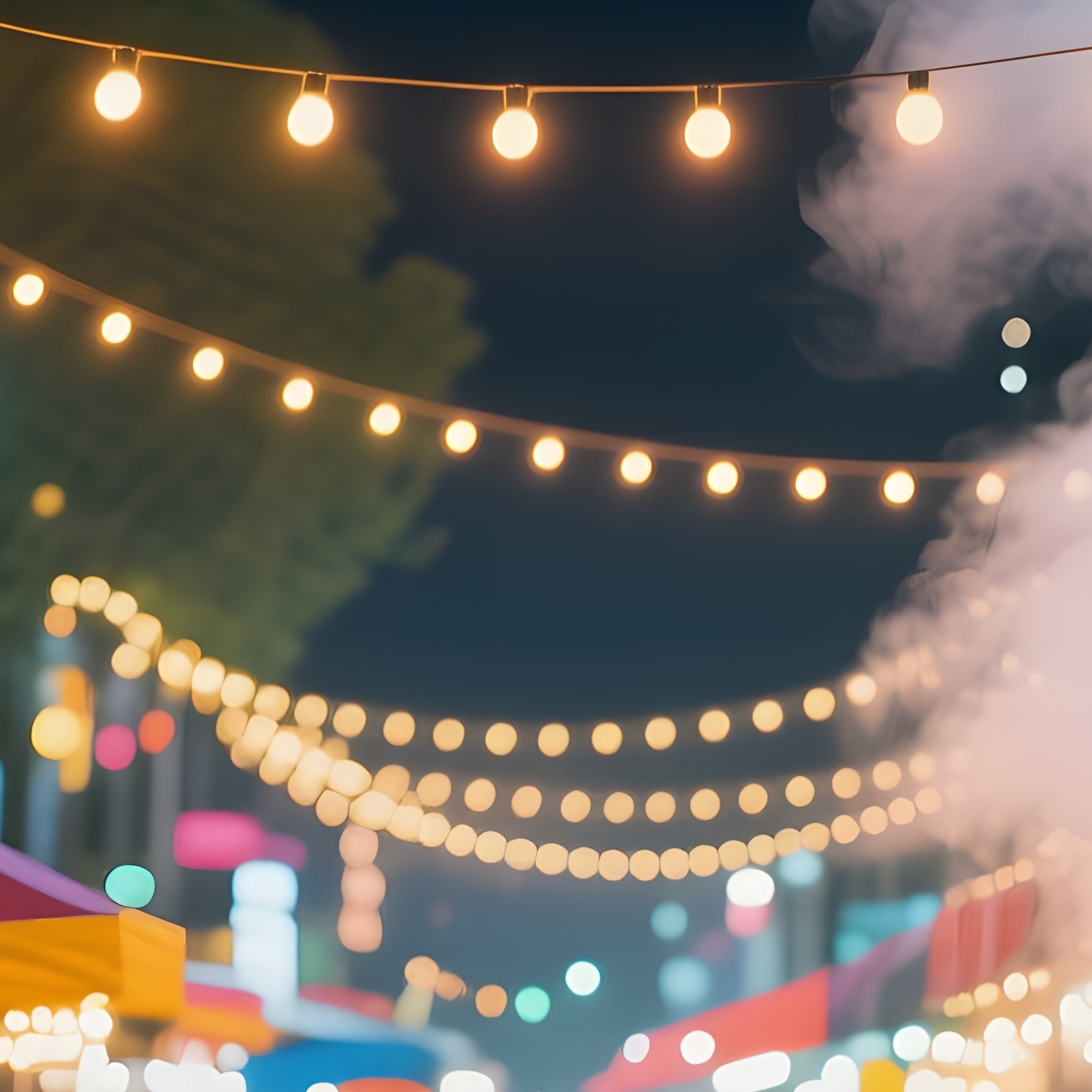 A Bustling Night Market In Late Summer, String Lights Casting Warm Glow, Steam Rising From Food - Full Resolution Quality Preview