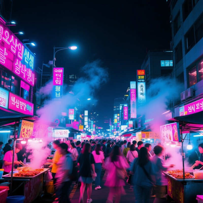 A Bustling Night Market In Seoul Illuminated By Neon Signs Street Food Stalls Steaming Crowds
