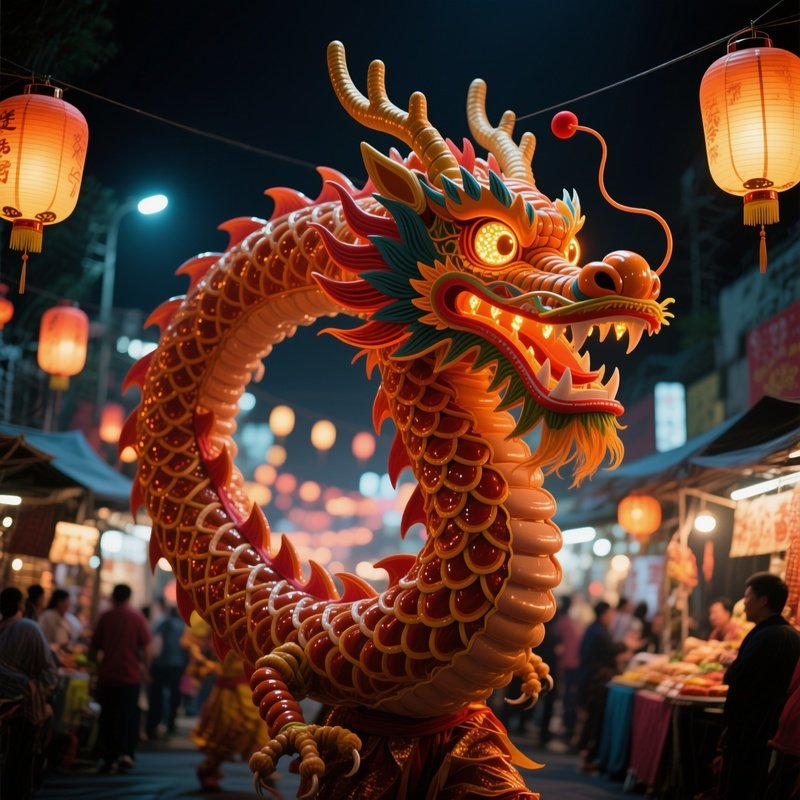 A Bustling Night Market Under Lanterns, Featuring A Massive Dragon Dance Costume Built From