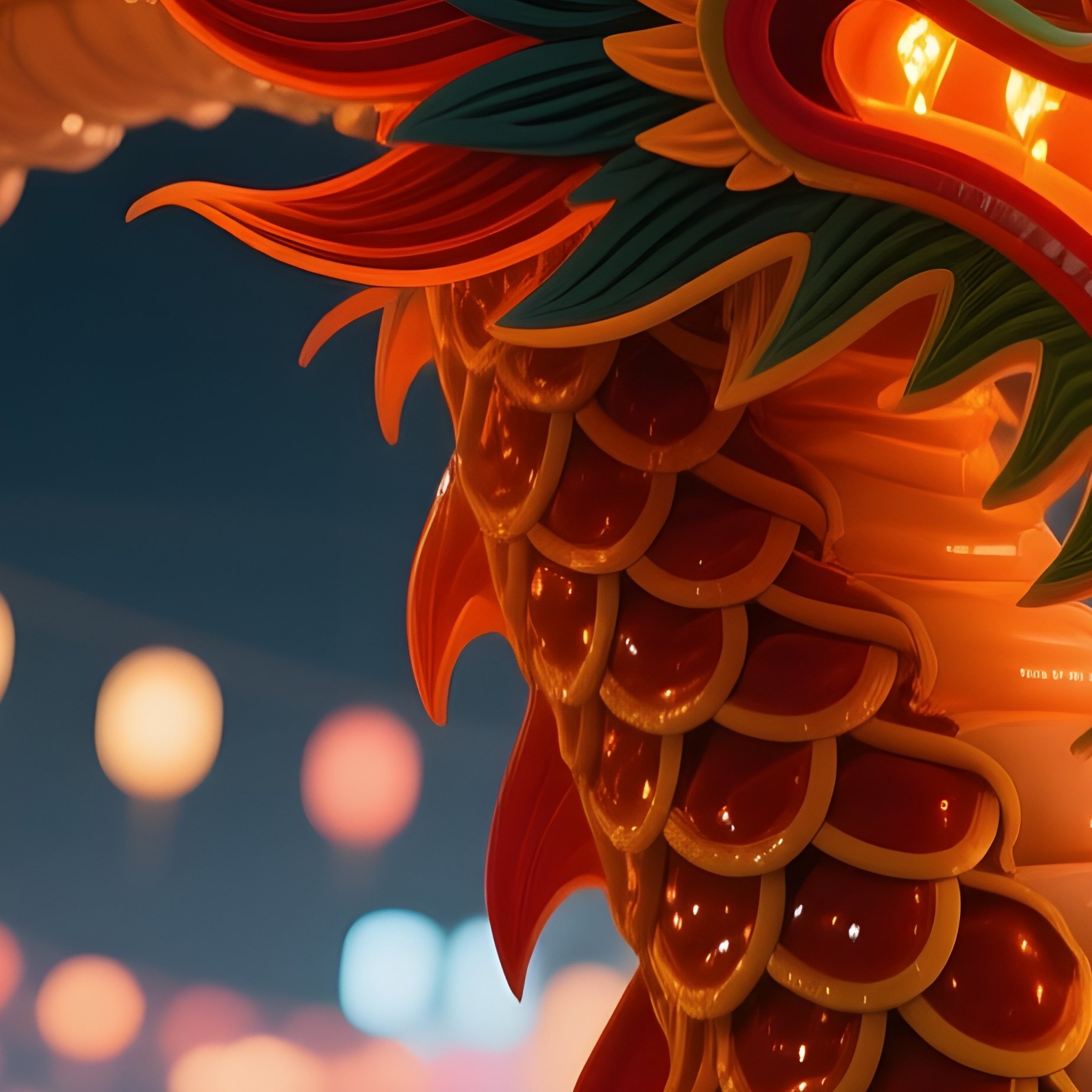 A Bustling Night Market Under Lanterns, Featuring A Massive Dragon Dance Costume Built From - Full Resolution Quality Preview