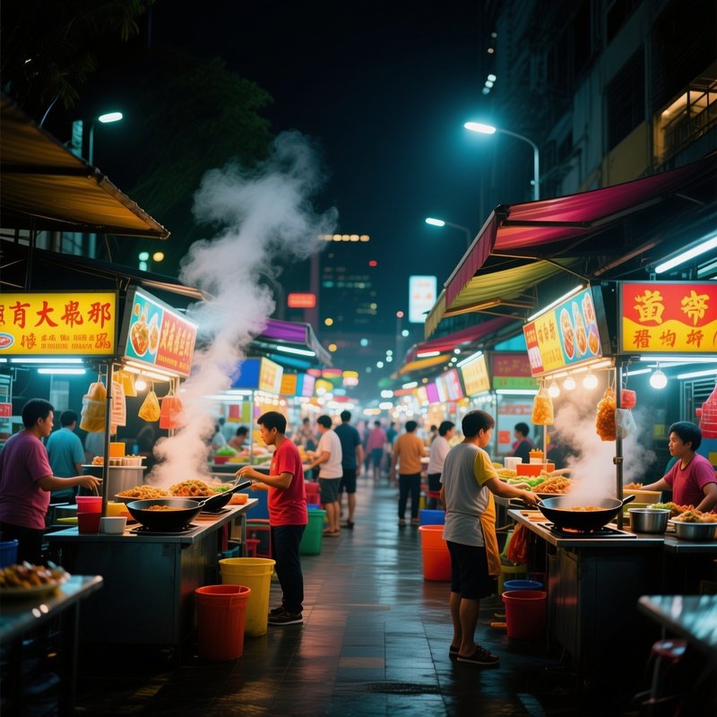 A Bustling Night Scene At A Singapore Hawker Center, Colorful Stalls Under Bright Lights, Steam