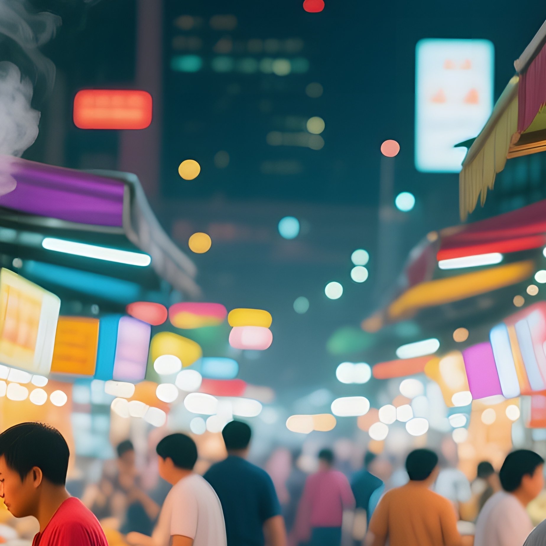 A Bustling Night Scene At A Singapore Hawker Center, Colorful Stalls Under Bright Lights, Steam - Full Resolution Quality Preview