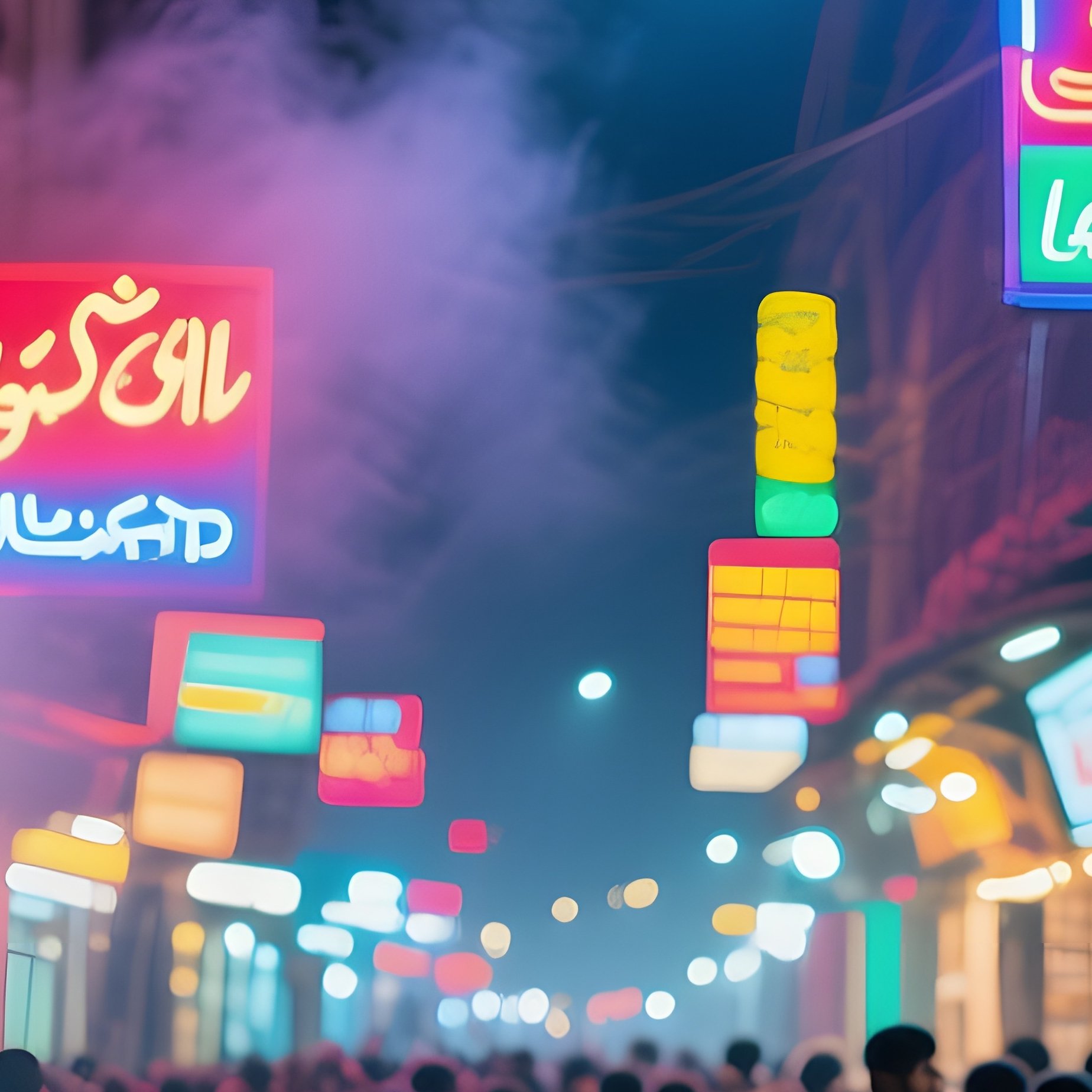 A Bustling Night Street In Lahore Illuminated By Neon Signs Food Stalls Serving Sizzling Kebabs - Full Resolution Quality Preview