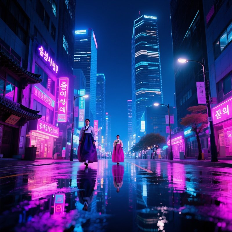 A Bustling Night Street In Seoul Illuminated By Neon Signs Reflecting On Wet Pavement Traditional