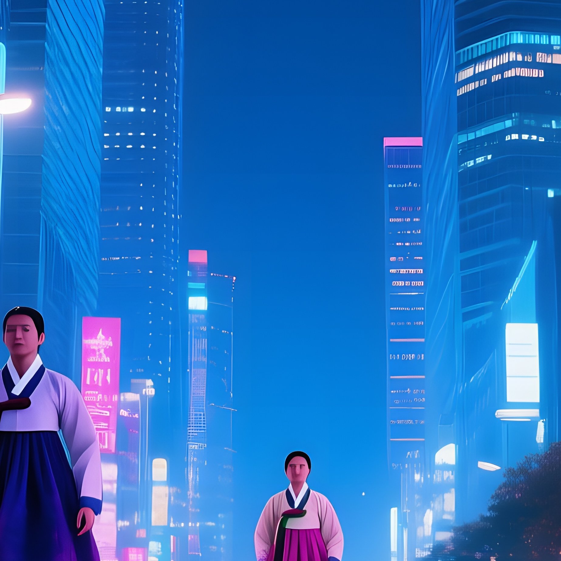 A Bustling Night Street In Seoul Illuminated By Neon Signs Reflecting On Wet Pavement Traditional - Full Resolution Quality Preview