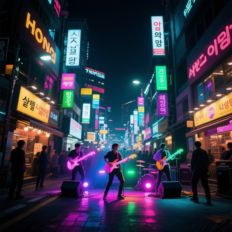 A Bustling Night Street In Seoul'S Hongdae District, Neon Signs Buzzing, Street Performers
