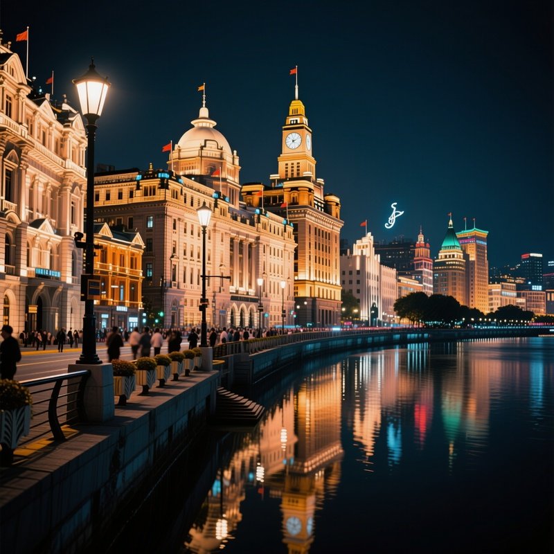 A Bustling Night Street In Shanghai'S Historic Bund Area, Colonial Architecture Lit By Streetlamps,