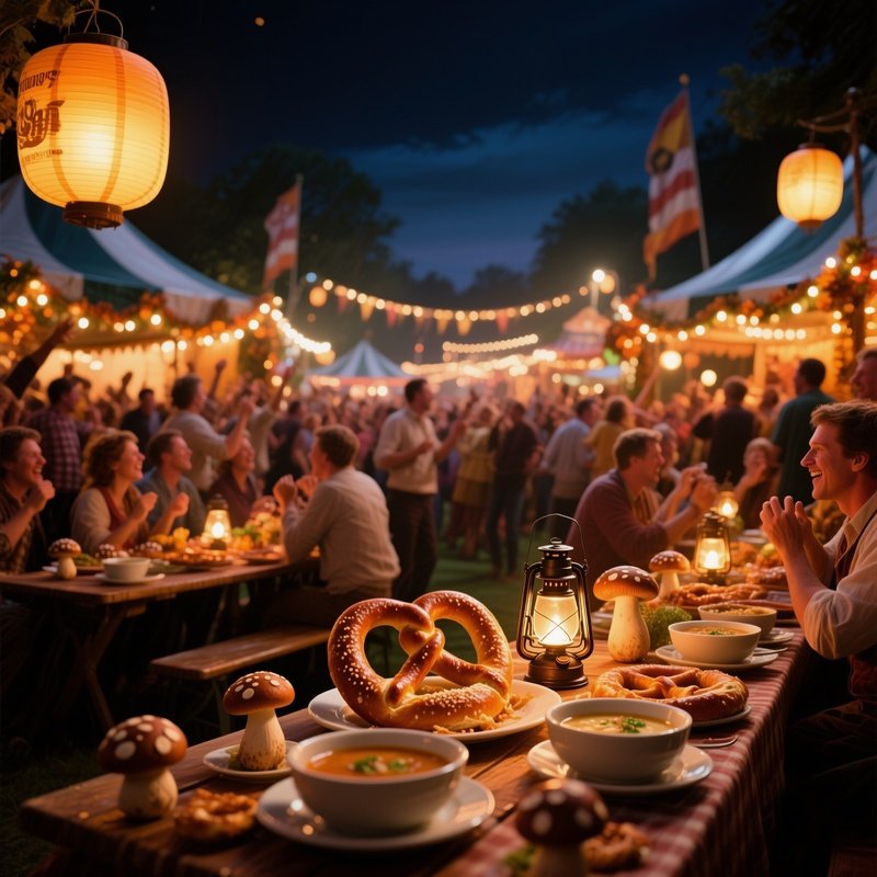 A Bustling Oktoberfest Tent At Night, Tables Laden With Mushroom‑Infused Pretzels And Soups, Warm
