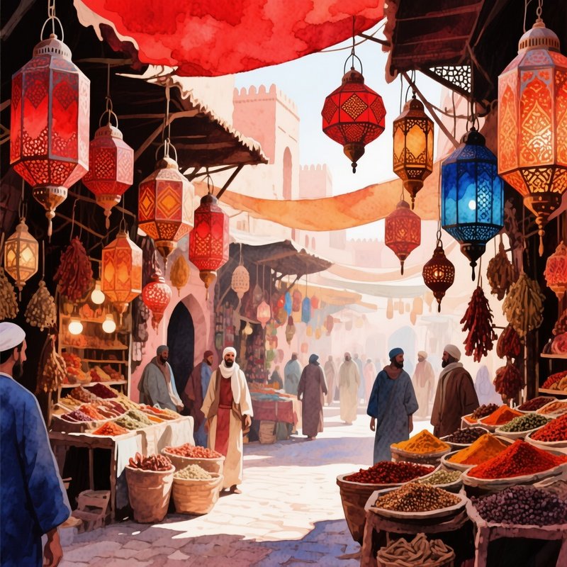 A Bustling Open Air Bazaar In Marrakech, Intricate Lanterns Hanging, Watercolor Rich Reds, Ochres,