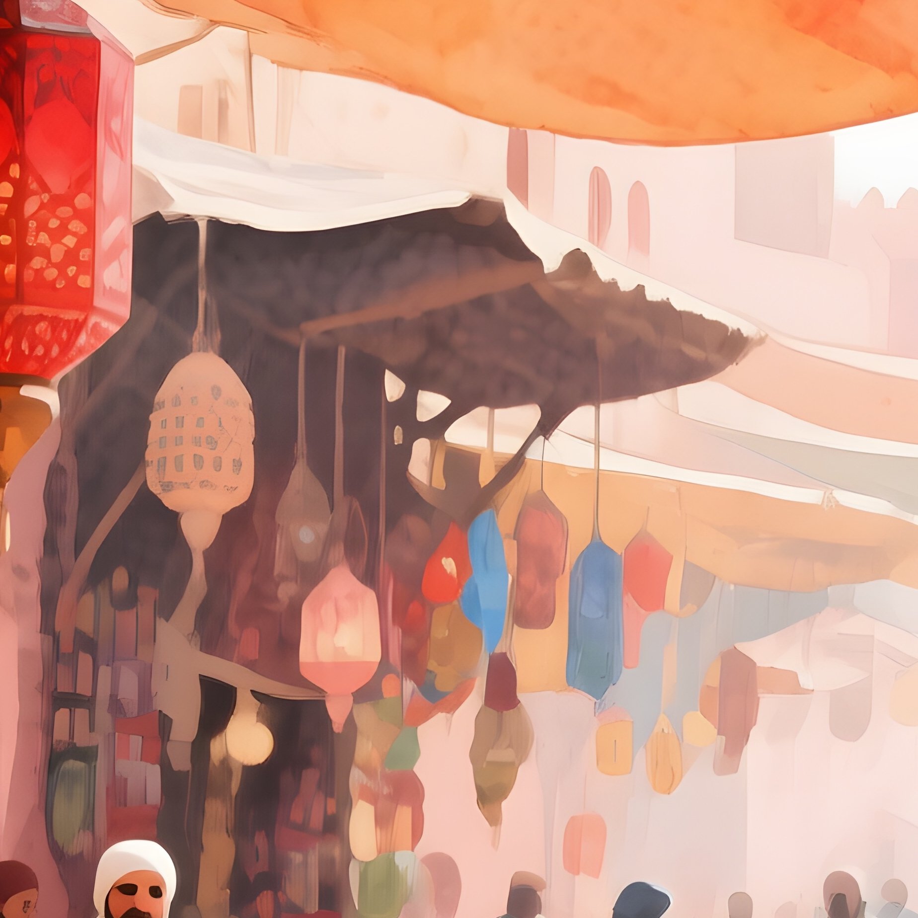 A Bustling Open Air Bazaar In Marrakech, Intricate Lanterns Hanging, Watercolor Rich Reds, Ochres, - Full Resolution Quality Preview