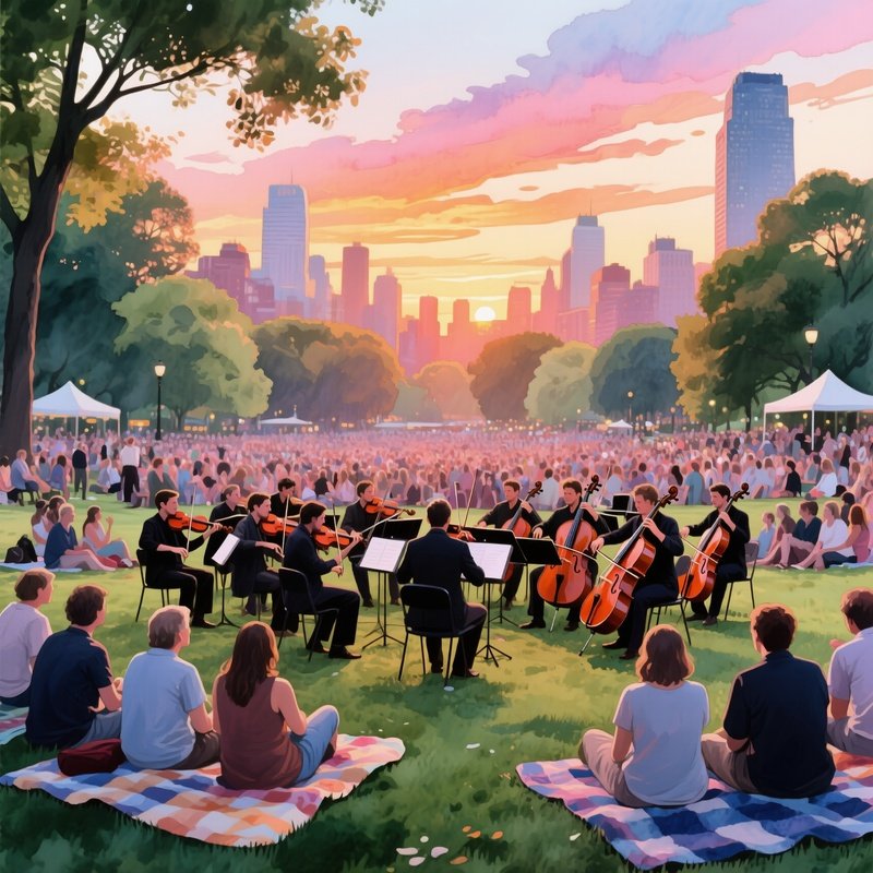 A Bustling Open Air Concert In A City Park, Orchestra Playing, Audience Seated On Blankets,