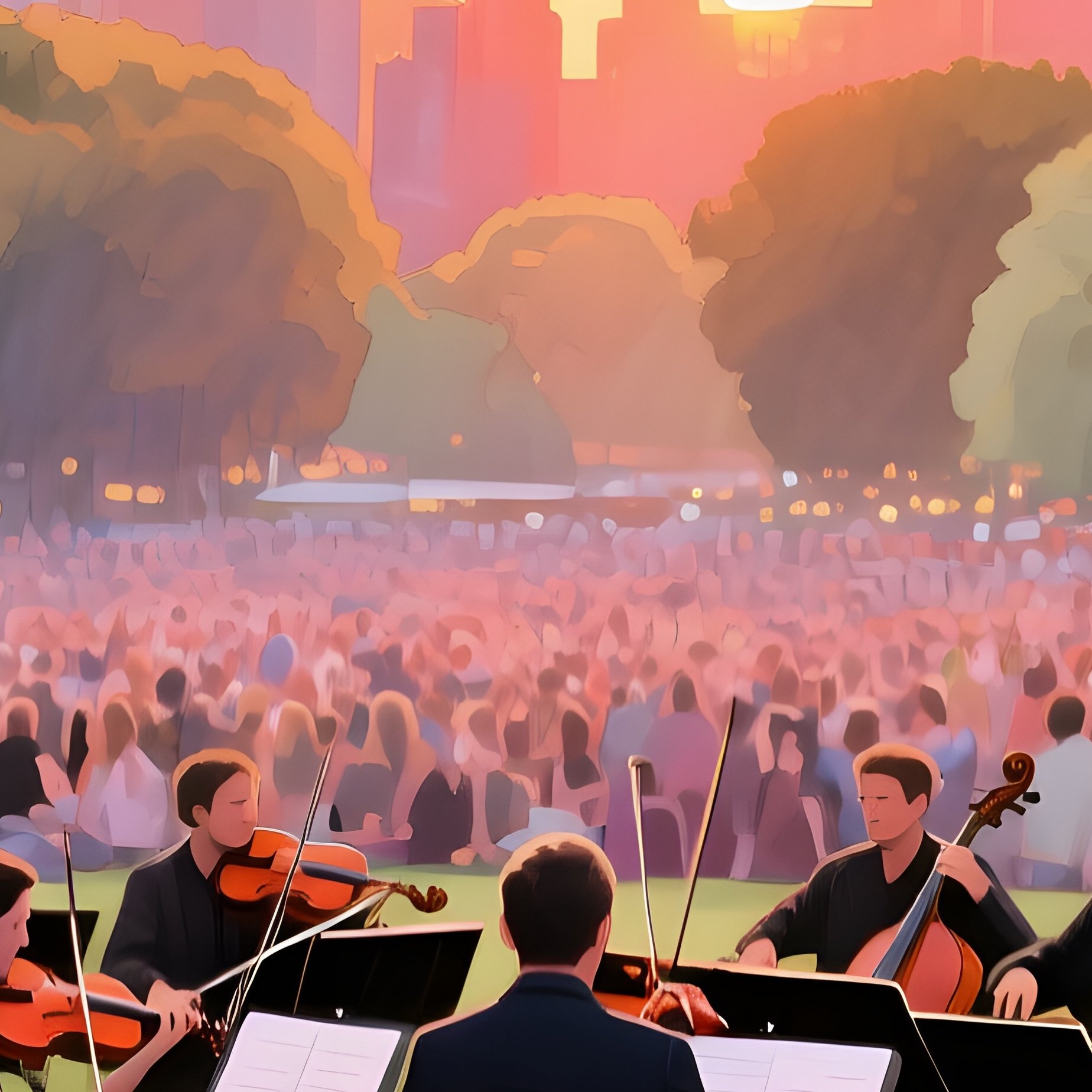A Bustling Open Air Concert In A City Park, Orchestra Playing, Audience Seated On Blankets, - Full Resolution Quality Preview