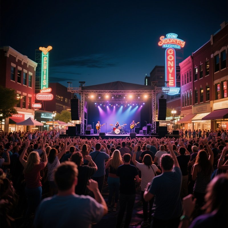 A Bustling Open‑Air Concert In Nashville’S Downtown Square, Stage Illuminated, Crowd Swaying To