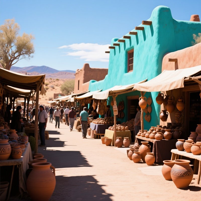 A Bustling Open‑Air Market In Santa Fe At Midday, Adobe Stalls Selling Pottery, Bright Turquoise