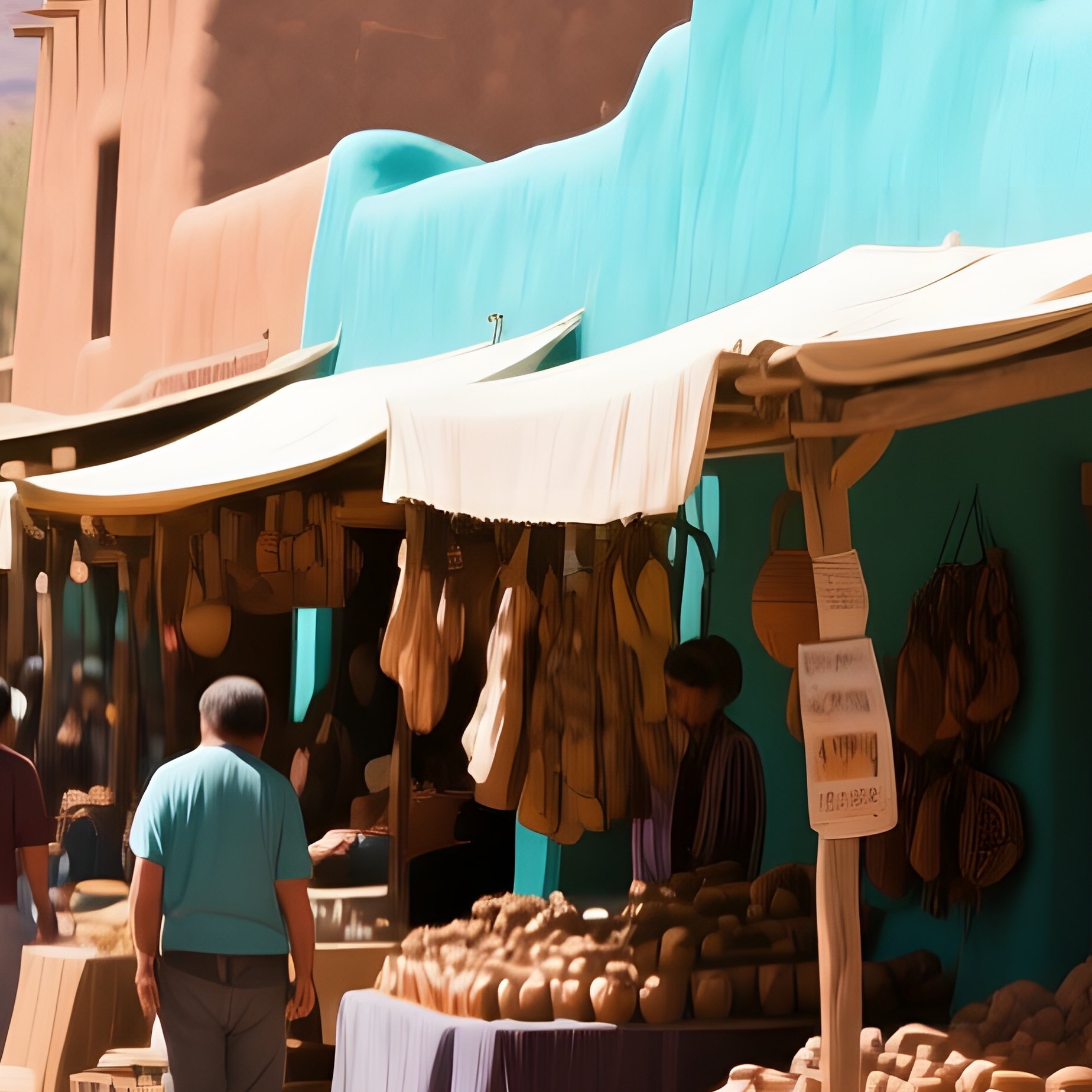 A Bustling Open‑Air Market In Santa Fe At Midday, Adobe Stalls Selling Pottery, Bright Turquoise - Full Resolution Quality Preview