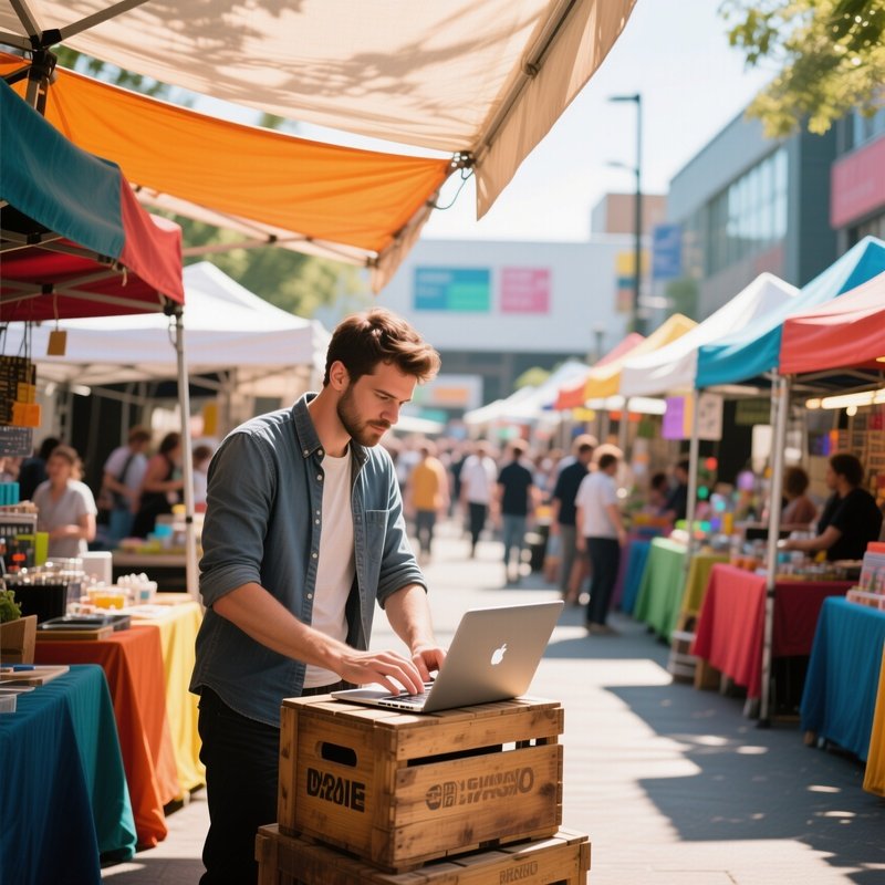 A Bustling Open‑Air Market Transformed Into A Pop‑Up Tech Hub, Colorful Stalls, A Six‑Pack Man In A