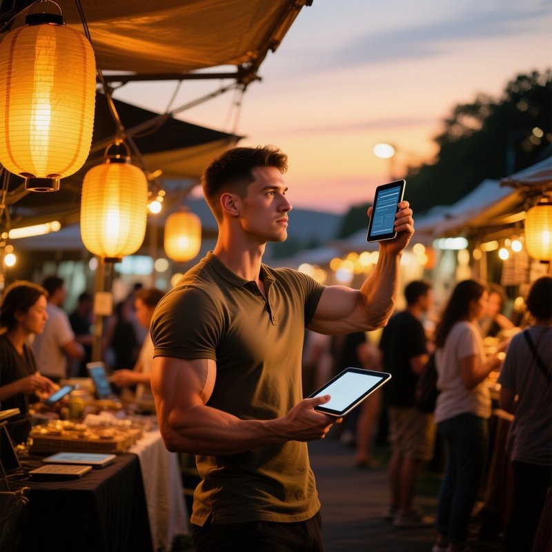 A Bustling Open Air Market Turned Pop Up Tech Stall At Dusk
