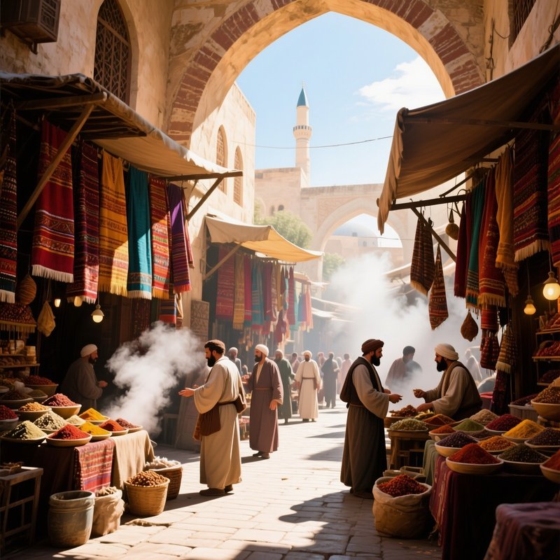 A Bustling Ottoman Bazaar At Noon, Vibrant Textiles Hanging From Arches, Spice Stalls Emitting