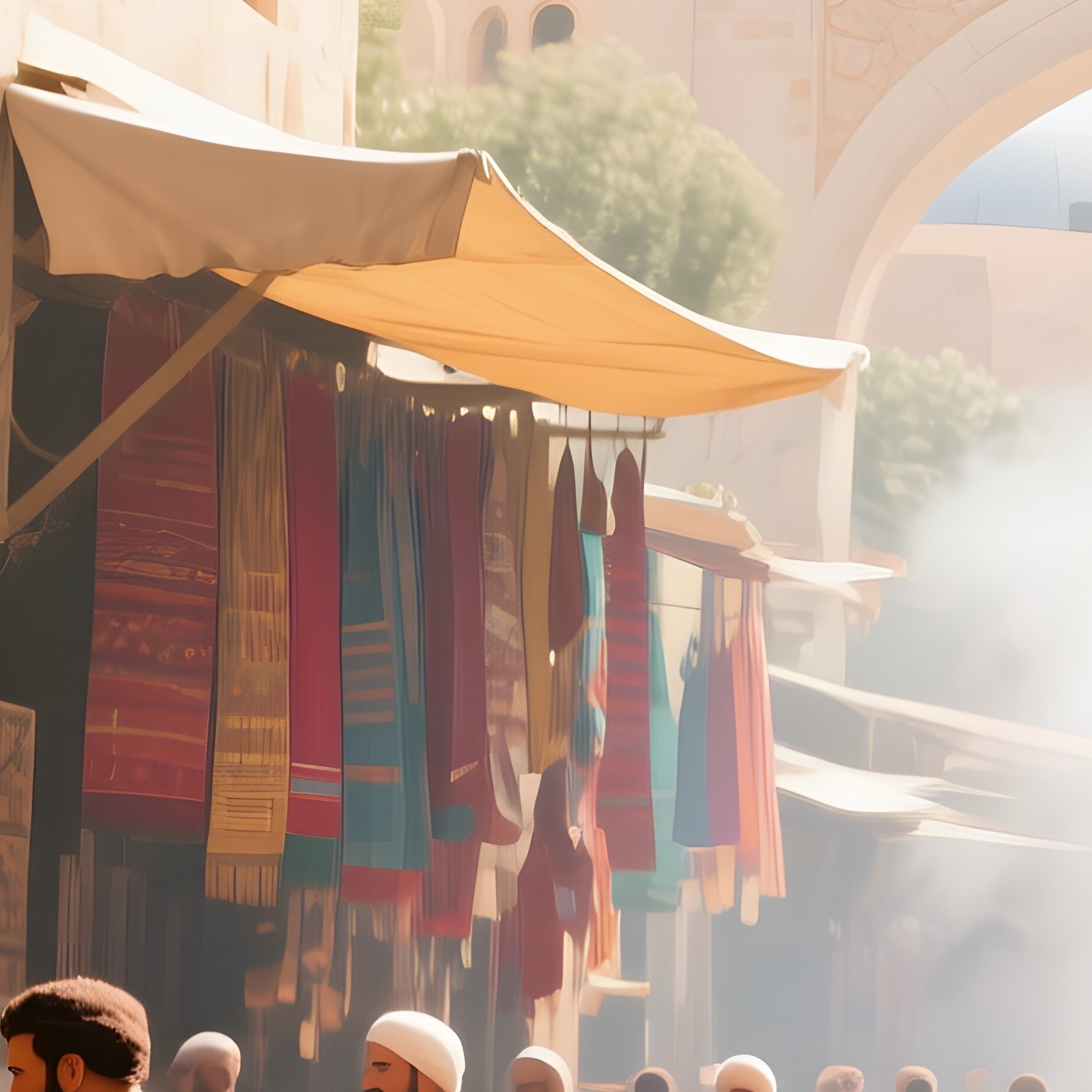 A Bustling Ottoman Bazaar At Noon, Vibrant Textiles Hanging From Arches, Spice Stalls Emitting - Full Resolution Quality Preview
