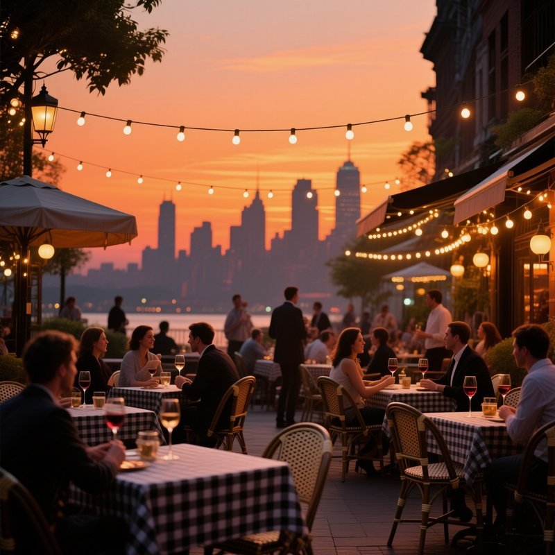 A Bustling Outdoor Café Terrace At Sunset, Patrons Sipping Wine Under String Lights, Tables Covered