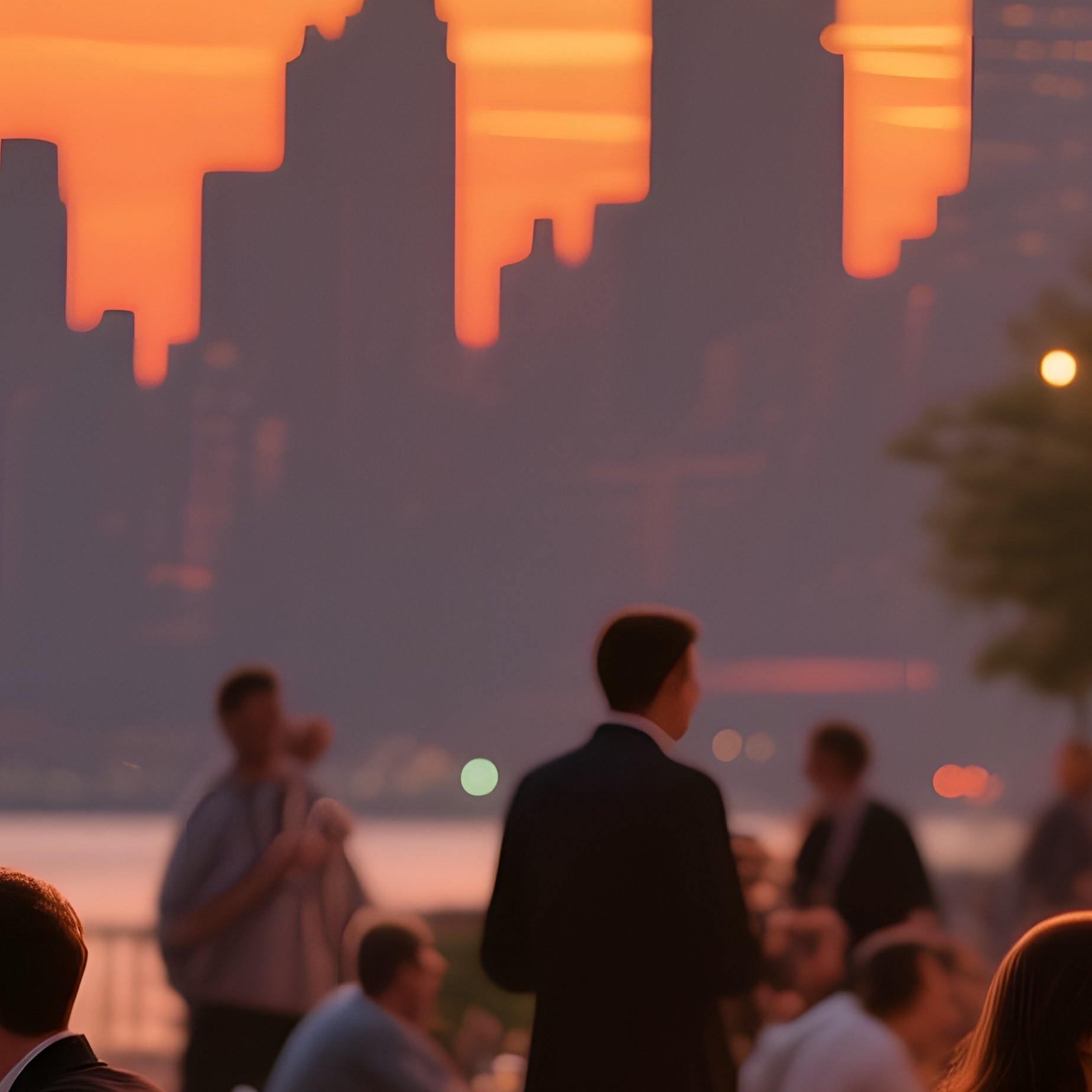 A Bustling Outdoor Café Terrace At Sunset, Patrons Sipping Wine Under String Lights, Tables Covered - Full Resolution Quality Preview