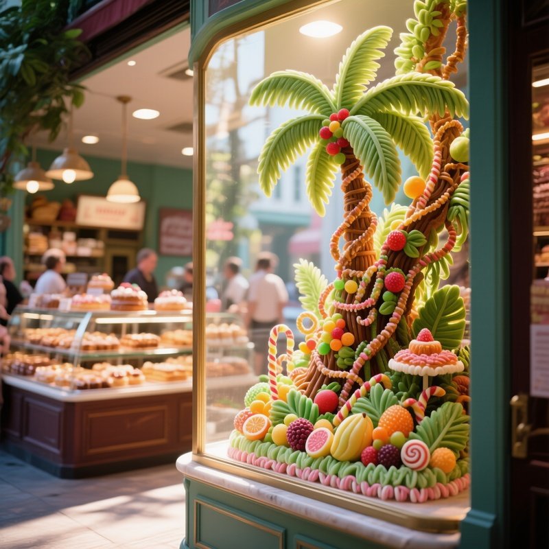 A Bustling Pastry Shop Window Display At Midday, Showcasing An Elaborate Sugar Sculpture Of A