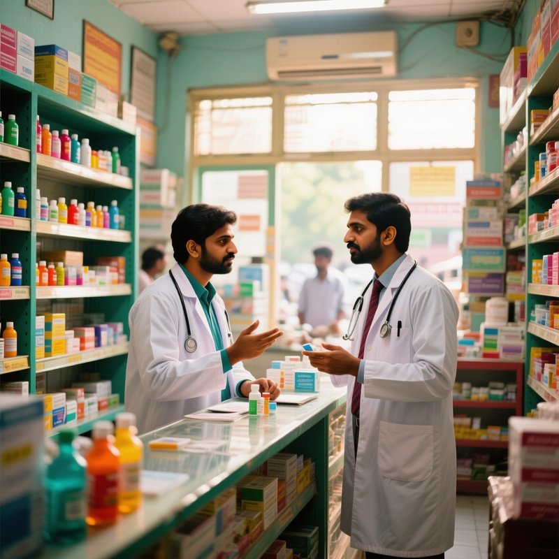 A Bustling Pharmacy In Lucknow At Midday, With An Indian Doctor In A White Coat Discussing