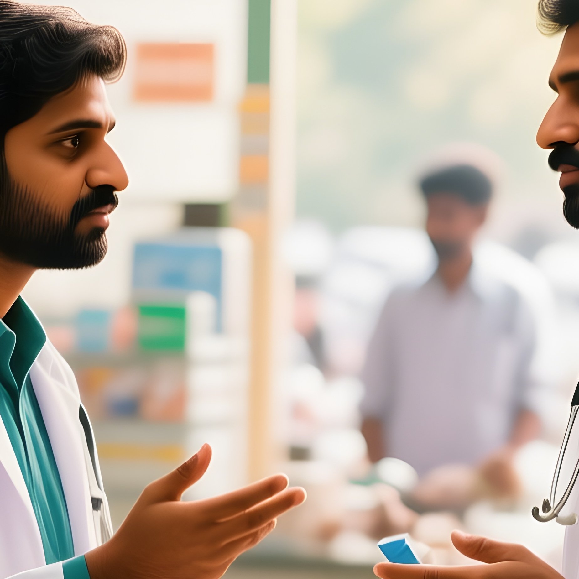 A Bustling Pharmacy In Lucknow At Midday, With An Indian Doctor In A White Coat Discussing - Full Resolution Quality Preview